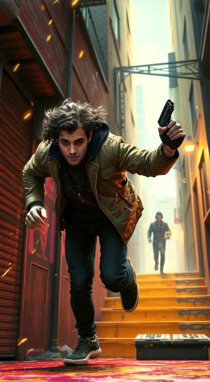 A man in a black trench coat weaves gracefully through an urban alleyway, evading bullets with smooth movements.