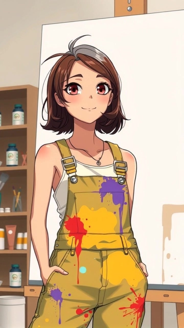 Sara, with paint-splattered overalls, stands in front of a blank canvas in her art studio.