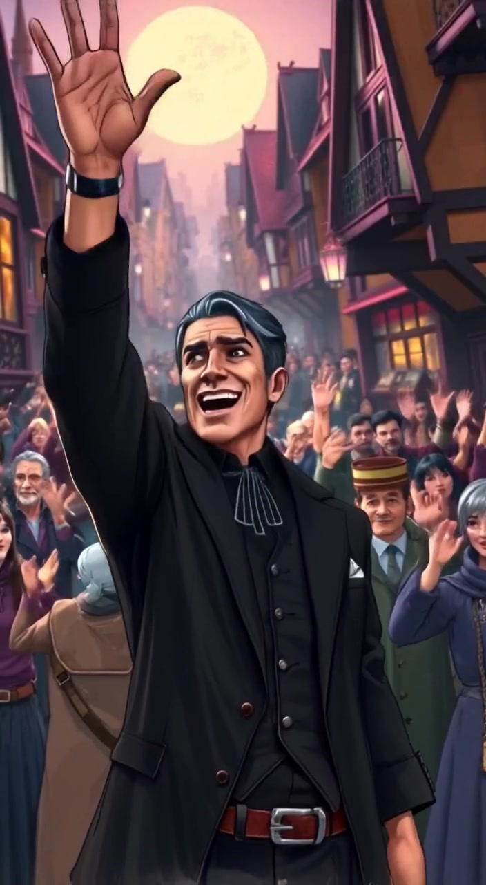 The townspeople cheer enthusiastically, waving their hands in excitement as the crowd buzzes with energy.