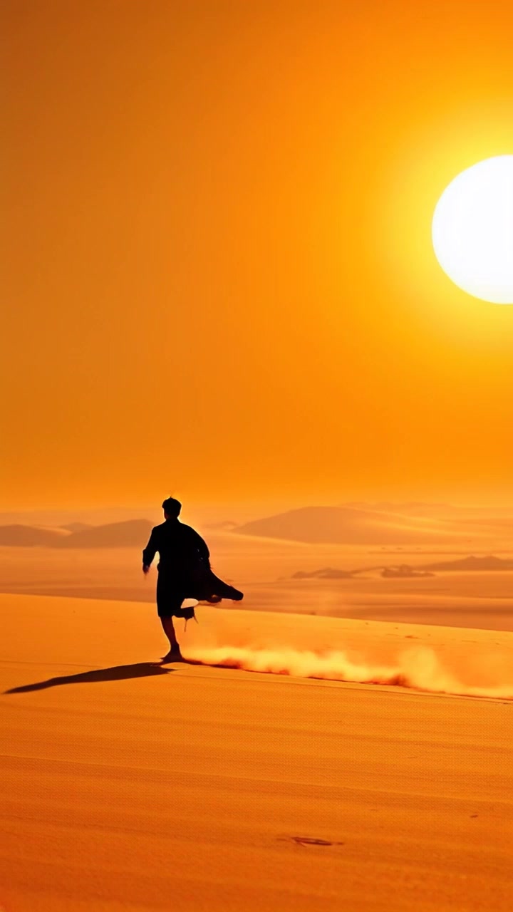 Subject: A lone prince running for his life. Subject movement: The prince sprints across a vast desert landscape, kicking up sand as he moves swiftly under the scorching sun. Scene: A vast desert expanse with rolling dunes and a bright blue sky, emphasizing the isolation of the prince's flight. Style: Harsh sunlight creates sharp contrasts and intense heat mirage effects on the horizon. Motion: The camera tracks the prince from a low angle, pulling back to reveal the immense scale of the desert as he navigates through the sandy terrain.