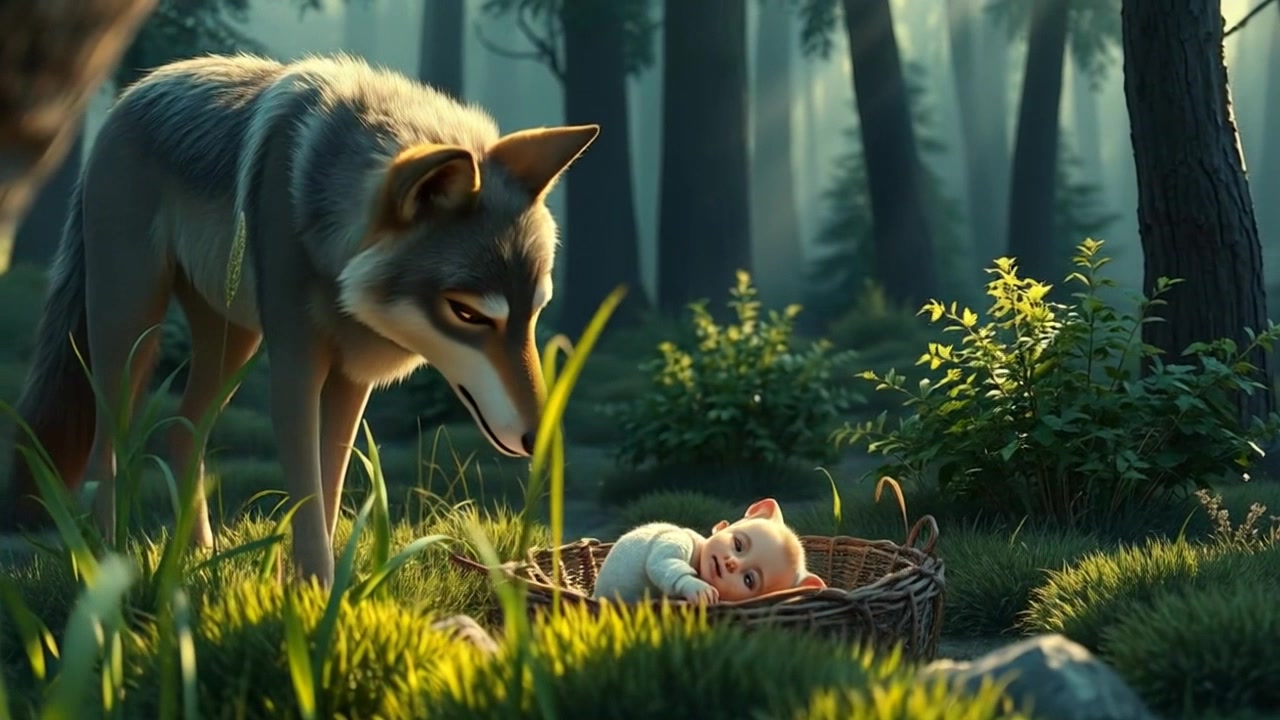 Luna, the wolf, approaches a small abandoned baby in a clearing, surrounded by tall grass.
