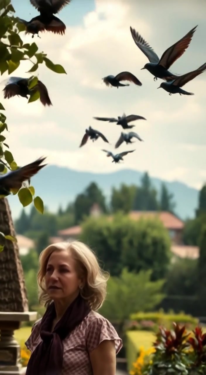 Birds gently take flight from a vibrant garden, scattering into the sky as a woman observes in the background.