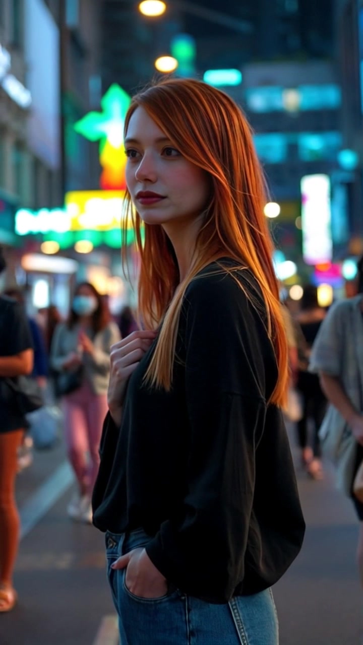 Subject: A young woman with red hair standing alone. Subject movement: She gazes pensively as people bustle past her on the busy street. Scene: A lively urban environment filled with diverse pedestrians and storefronts, creating a sense of movement and energy. Style: Natural daylight illuminating the scene, highlighting the contrasts between the woman and the busy backdrop. Motion: The camera begins with a close-up on her expression, then smoothly pulls back to reveal the flow of the crowd around her, enhancing the contrast between her stillness and the dynamic hustle of the street.