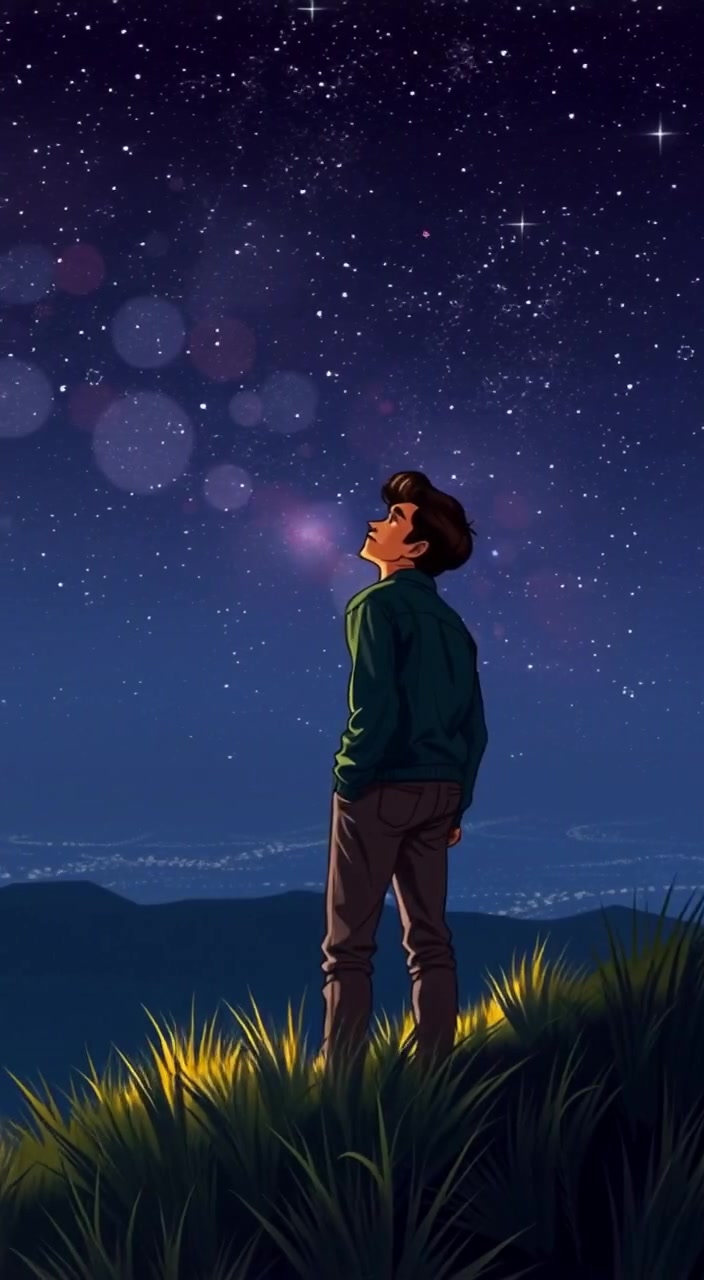 The boy gazes up at the twinkling stars in the vast night sky with wonder.