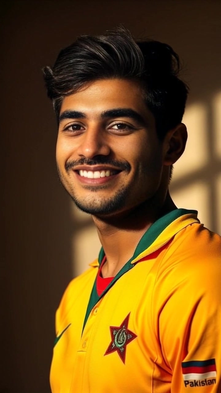 Subject (Portrait of Sarfaraz Ahmed, smiling, wearing a cricket jersey with Pakistani colors) + Subject staying still + Scene (Cricket stadium, with a cheering crowd in the background) + Camera Language (Slow pan across the portrait) + Lighting (Spotlight on the portrait) + Atmosphere (Excitement and pride)