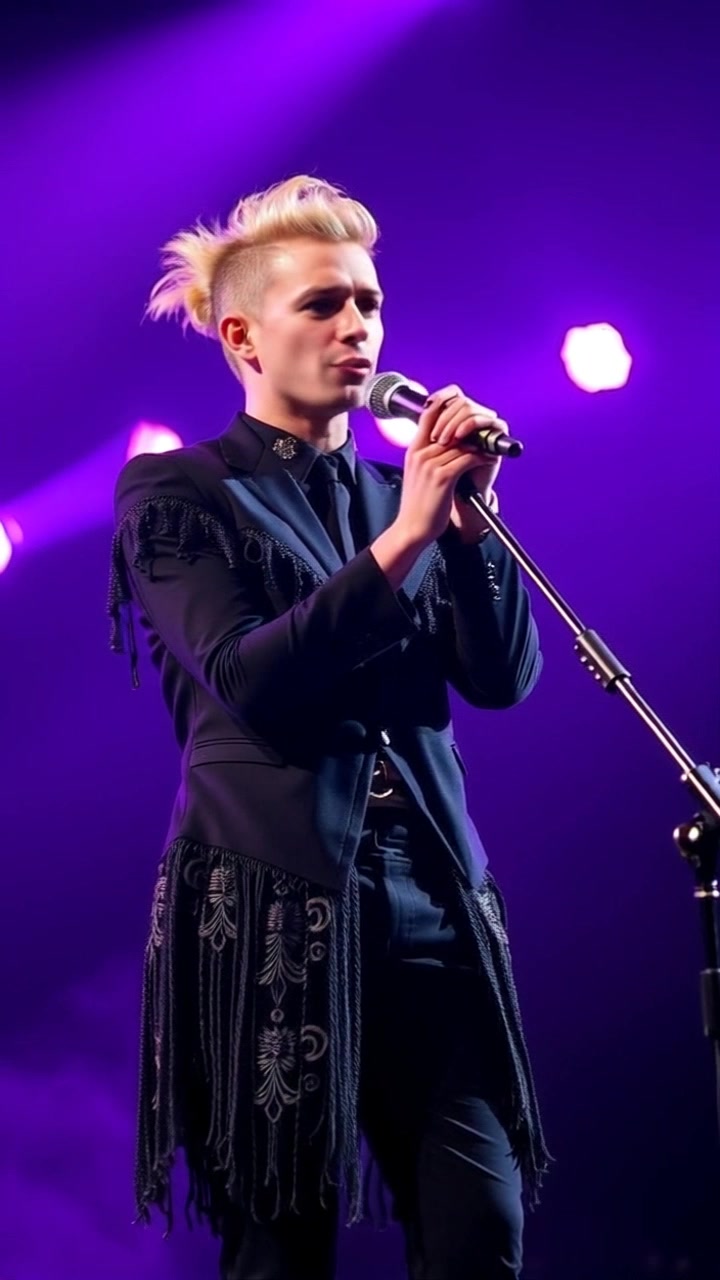 Subject (Talha, confident stance, holding a microphone, surrounded by bright lights) + Subject movement (Standing confidently) + Scene (On a stage) + Camera Language (Slow zoom out) + Lighting (Bright, spotlight focus) + Atmosphere (Dramatic)