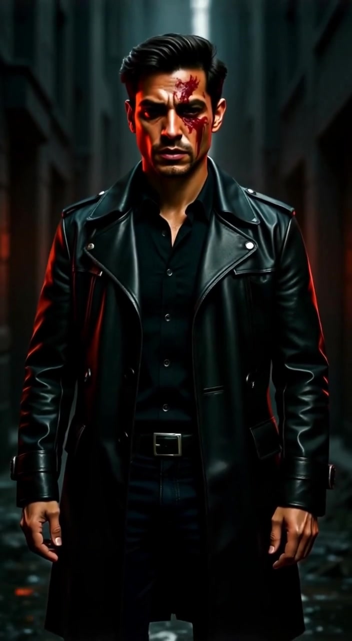The man stands tall in the alley, sweat glistening, as a breeze gently rustles the shadows around him.