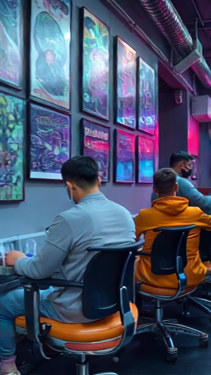 Scene: A bustling tattoo studio filled with clients patiently waiting in tattoo chairs, the walls adorned with vibrant artwork. Style: Bright, ambient lighting creating an inviting atmosphere, highlighting the detailed tattoo designs on display. Motion: Camera begins with a wide shot of the studio, then smoothly glides through the space, capturing the energy and anticipation of the clients.