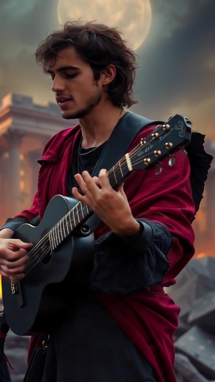 Subject: Emperor Nero in Roman attire, passionately playing a lyre and singing amidst the burning ruins of Rome. Subject movement: Nero sways gently, lost in his music, while the flames flicker in rhythmic harmony with his performance. Scene: The devastation of the Roman landscape, with charred remnants and glowing embers casting a haunting glow. Style: Dramatic lighting from the fire illuminates the scene, enveloping it in a smoky haze. Motion: A close-up camera shot pushes in on Nero's face, capturing the intense emotions, then pans out to reveal the desolate ruins around him.
