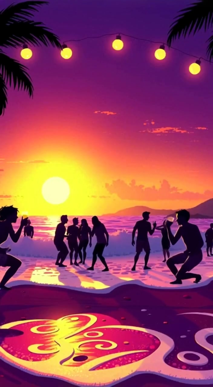 Gentle waves lap at the shore as silhouettes of friends play in the distance, framed by a vibrant sunset.