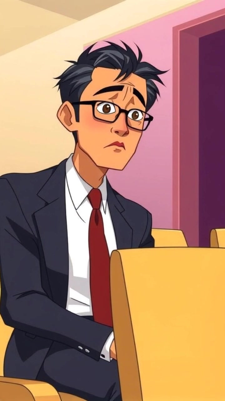 Scene: A tense office waiting room with modern decor and soft seating, where a man in a suit and tie sits nervously, glancing around. Style: Soft, ambient lighting creating an atmosphere of anticipation. Motion: A handheld camera gently pans in on the subject, capturing the subtle fidgeting and shifting of his posture as he waits.
