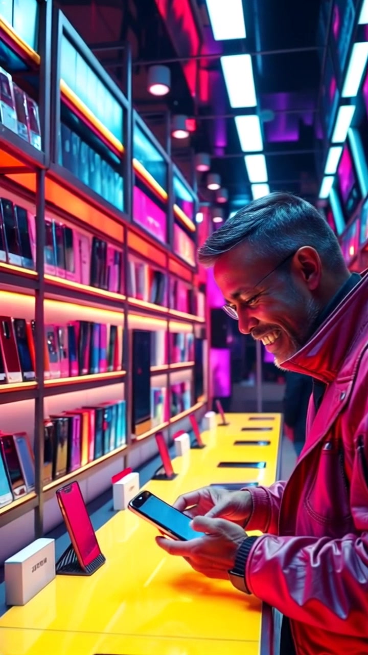 Shelves of phones line the interior of a smartphone store as a man excitedly purchases a phone at the counter. The camera smoothly pans from the assortment of phones to the man's joyful expression, capturing the moment in a dynamic push-in shot. Warm ambient lighting adds a welcoming feel to the scene.