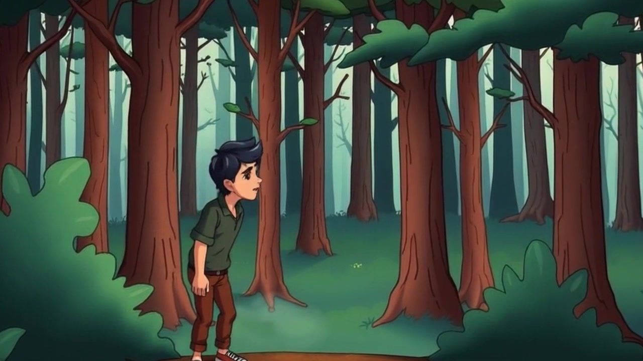 Max, standing at the edge of a dense forest, gazes into the dark trees of Whispering Woods.