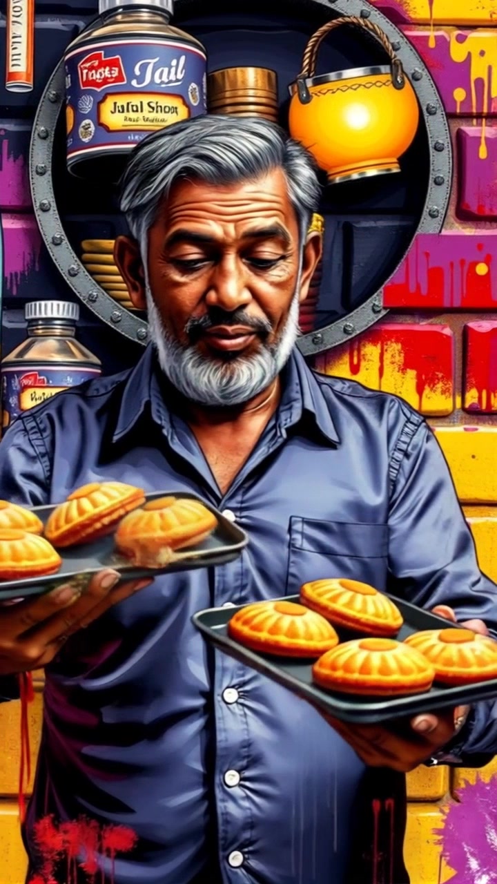 Subject: A proud halwai named Gopal. Subject movement: Gopal gestures enthusiastically, showcasing the trays of colorful jalebis in his sweet shop. Scene: A vibrant sweet shop filled with an array of sweets, framed by decorative elements that evoke a festive atmosphere. Style: Warm, inviting lighting highlighting the bright colors of the jalebis and the beauty of the shop. Motion: The camera performs a smooth push-in towards Gopal as he engages with a customer, displaying the enticing trays, while the background softly blurs to emphasize the sweetness of the moment.