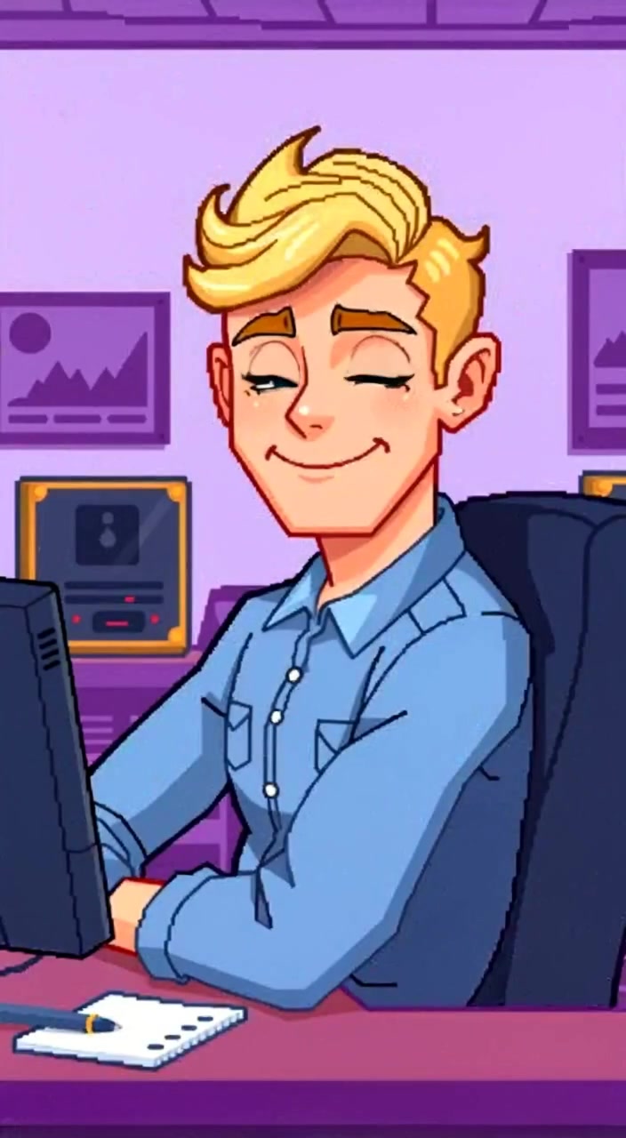 The host leans forward slightly, smiling warmly into the camera as soft light enhances the studio environment.