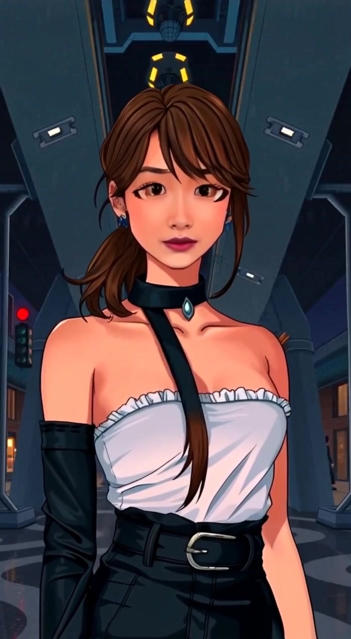 The woman gazes out over the city skyline from the sleek entrance of the futuristic Skywalk.