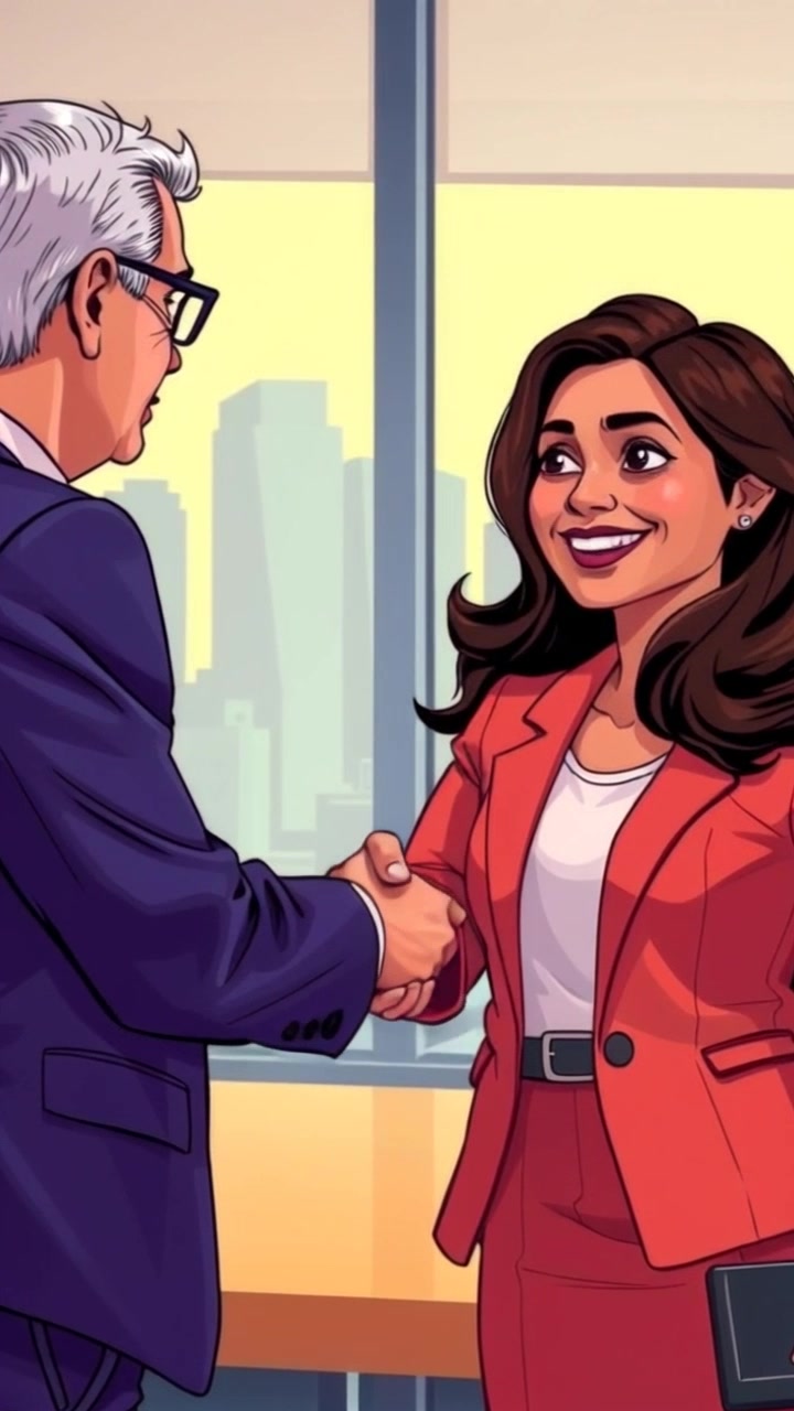 Scene: A professional office setting featuring a friendly handshake between two individuals, embodying partnership and collaboration. Style: Soft, ambient lighting that fosters a welcoming atmosphere. Motion: The camera slowly pushes in to capture the handshake, then gently pans to reveal more of the office environment, emphasizing the positive interaction.