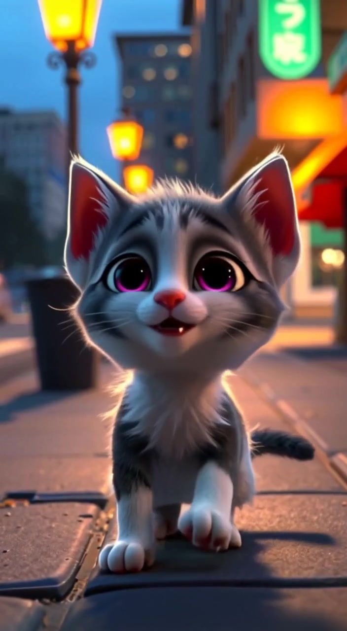 Adorable Kitten Strolling Through City Nights