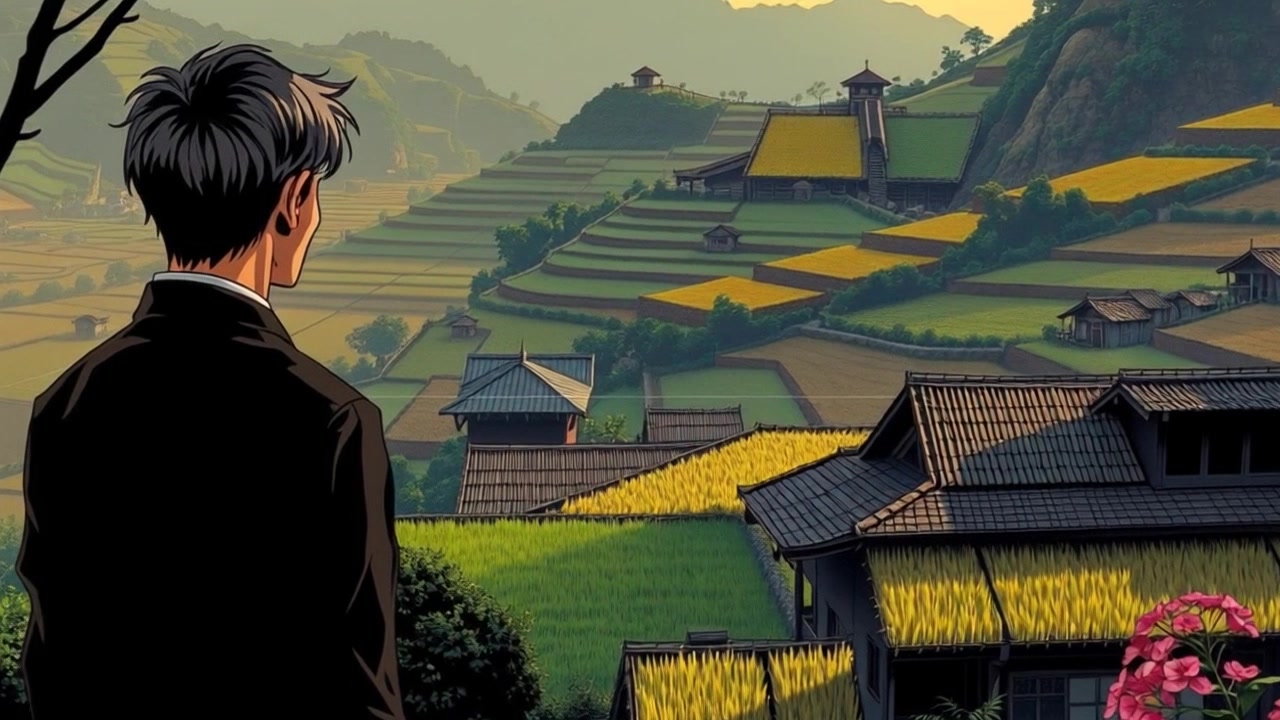 Subject: A village leader thoughtfully gazing over a sprawling lush green valley filled with rice fields. Subject movement: He stands still, absorbing the serene landscape. Scene: The edge of a peaceful village with rice fields stretching across the valley, surrounded by gentle hills. Style: Soft morning light illuminating the vibrant greens and earthy tones of the rice paddies, creating a tranquil atmosphere. Motion: The camera slowly pushes in from the village edge, revealing the depth of the valley while maintaining a focus on his profile, capturing the quiet connection between him and the landscape.