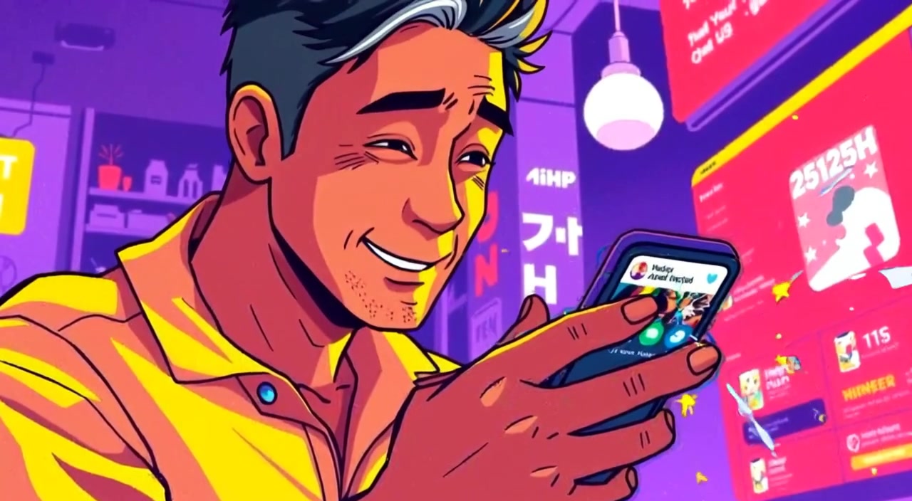 The person smiles as they eagerly check their phone, notifications gently popping up on the screen.