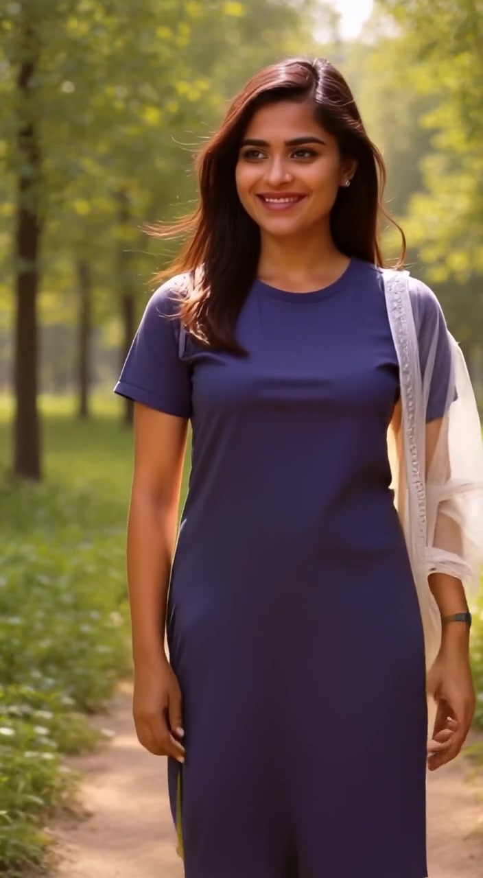 The woman gazes around, a gentle breeze rustling her hair as she smiles at the beauty of nature.