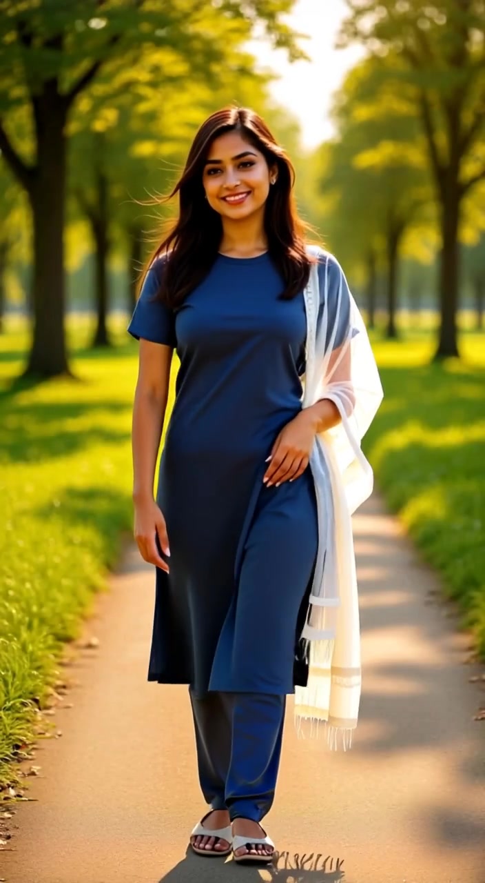 The woman strolls gently along a tranquil village path, with vibrant green fields and trees swaying softly in the breeze.