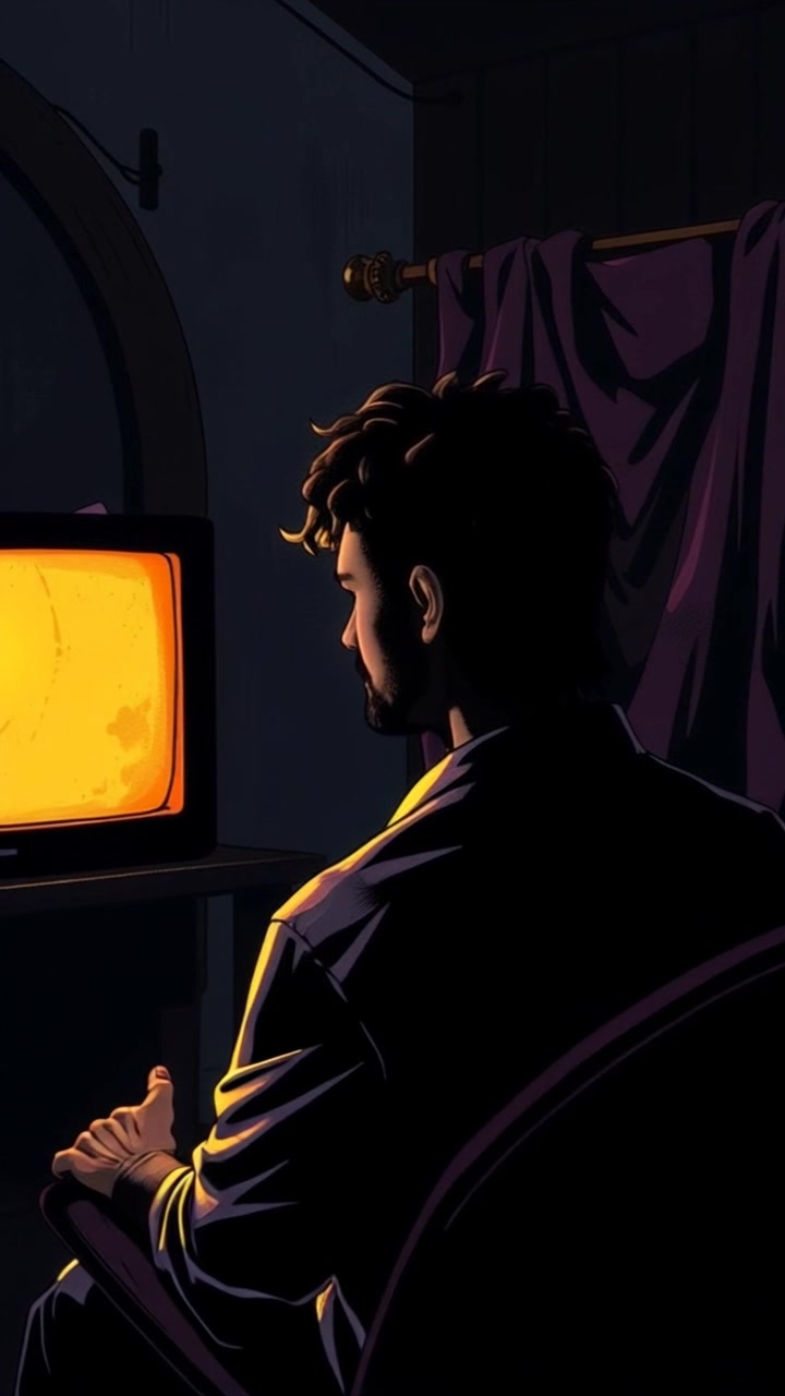 Scene: A dimly lit room where a solitary figure sits at a desk, transfixed by the glow of a flickering screen, embodying a sense of despair. Style: Soft, low-key lighting creates deep shadows, enhancing the mood of isolation. Motion: The camera slowly pushes in on the figure's face, capturing the subtle shifts in expression as the light from the screen dances across their features, conveying an intimate and contemplative atmosphere.