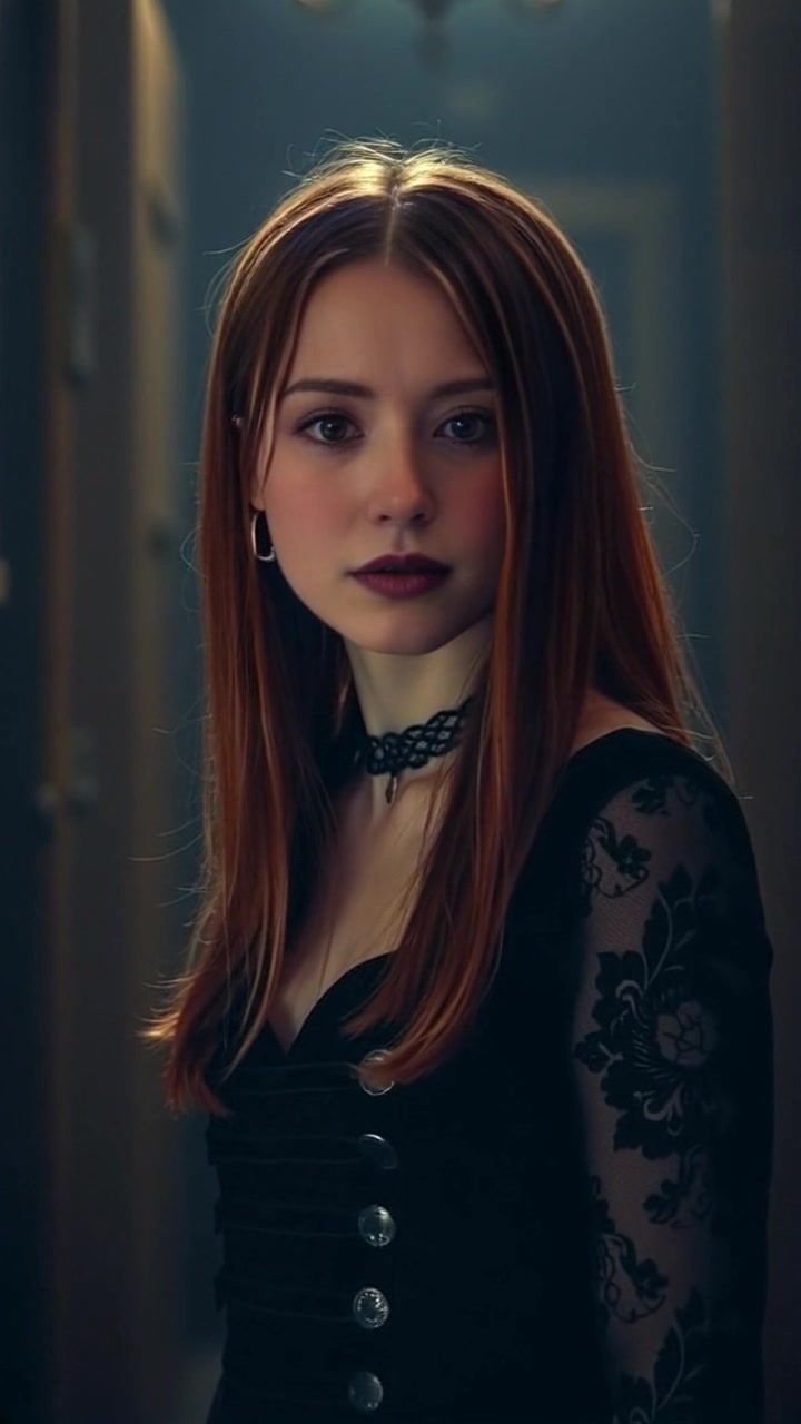 Lena stands in a dimly lit room, her expression anxious as she looks around. Slow push-in towards Lena as she turns her head slowly, building tension in the dimly lit setting. Soft, moody light enhances the anxious atmosphere.
