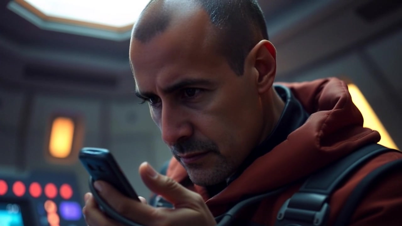 Subject: A focused individual intensely examining a comms device, portraying a serious expression. Scene: An atmospheric control room filled with panels of blinking lights and shadows. Style: Dramatic overhead lighting creating stark contrasts, enhancing the tension of the moment. Motion: The camera gently pushes in towards the subject, capturing his concentration and the details of the comms device as the environment hums with anticipation.