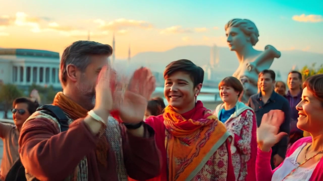 Subject: Diverse group of people in casual, colorful clothing, expressing happiness and unity through their body language. Scene: Serene kingdom landscape with blooming flowers and picturesque surroundings, evoking a sense of harmony and community. Camera Language: Slow tracking shot panning across the joyful individuals, capturing their interactions and shared moments in the peaceful setting. Lighting: Soft, warm golden-hour glow illuminating the scene, enhancing the feel of togetherness and contentment.