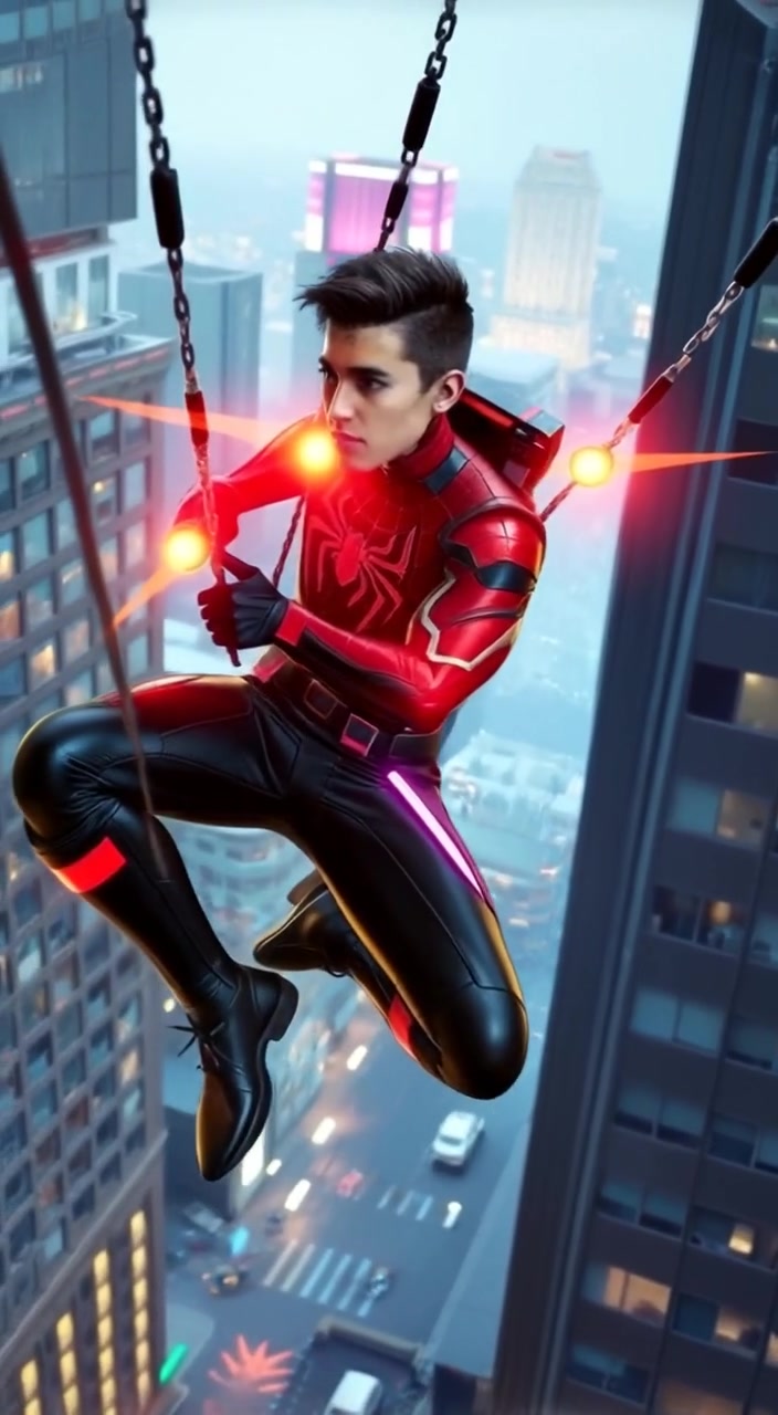 The figure gracefully swings between skyscrapers, using web-shooters to navigate the vibrant cityscape.