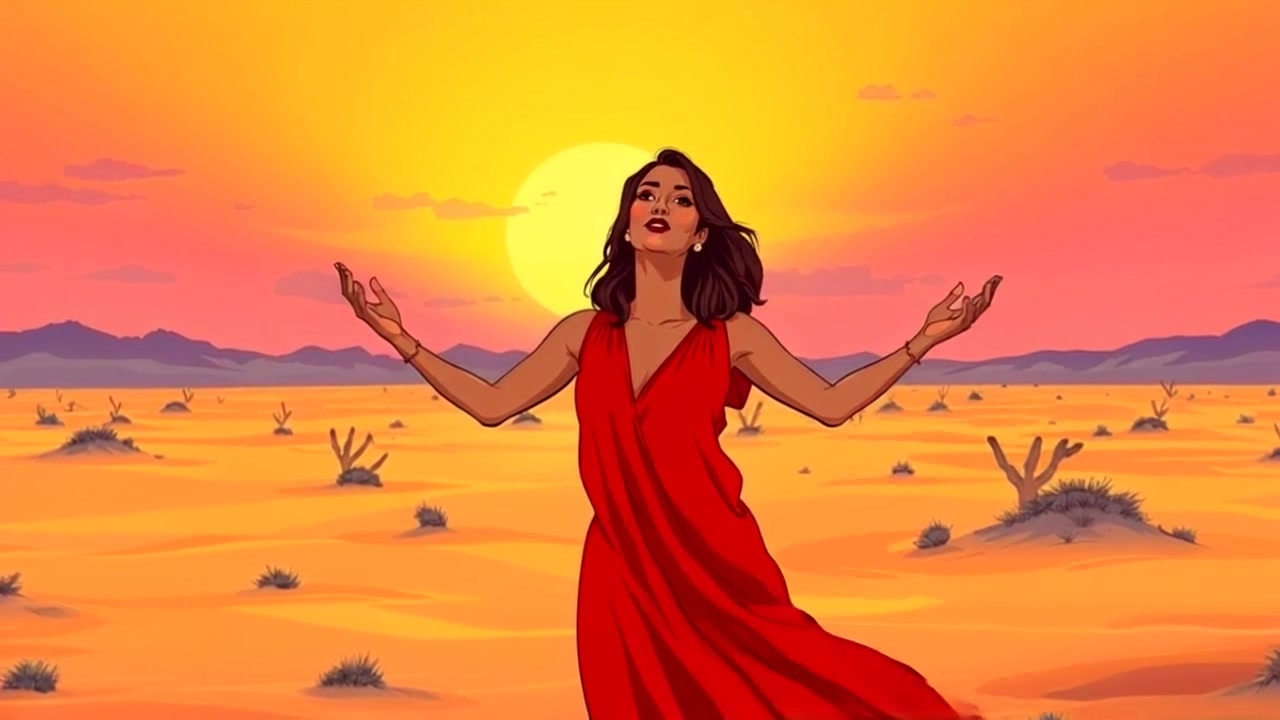 Subject: A figure with outstretched hands, embracing the sky. Scene: Layla stands in a parched landscape, the sun setting dramatically in the background, casting warm hues across the barren terrain. Lighting: Rich, warm sunset light envelops the scene, creating long shadows. Motion: The camera pulls back slowly to reveal the vastness of the landscape while maintaining focus on Layla, capturing her serene stance as the sun dips below the horizon.