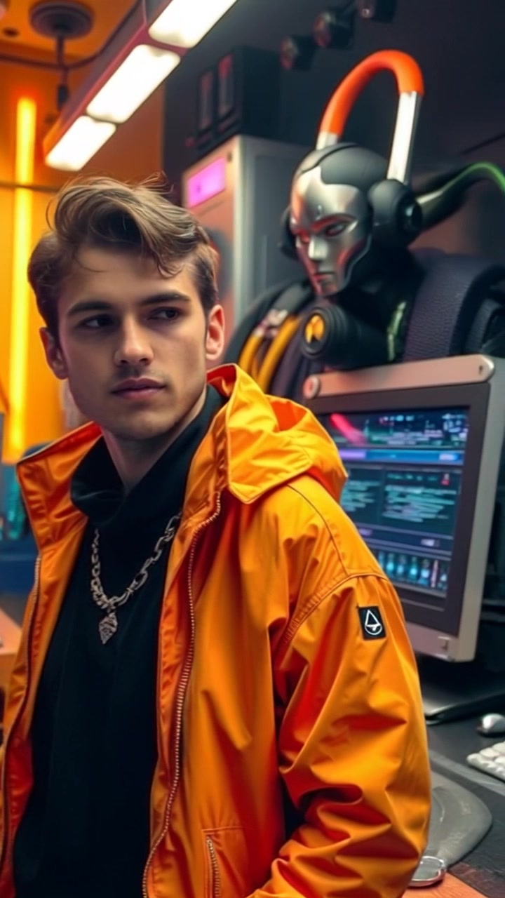 A person, looking curious, stands in a room filled with tech gadgets and computers. Slowly pan around the subject to reveal the intricate details of the technology. Soft ambient lighting enhances the futuristic atmosphere.
