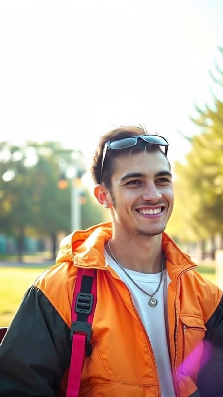 A person with a thoughtful expression sits on a bench in a bright outdoor park, appearing deep in creative thought. The camera flows in smoothly with a slow push in, focusing on the person's joyful smile and animated gestures. Natural ambient lighting bathes the scene in a warm, inviting atmosphere.