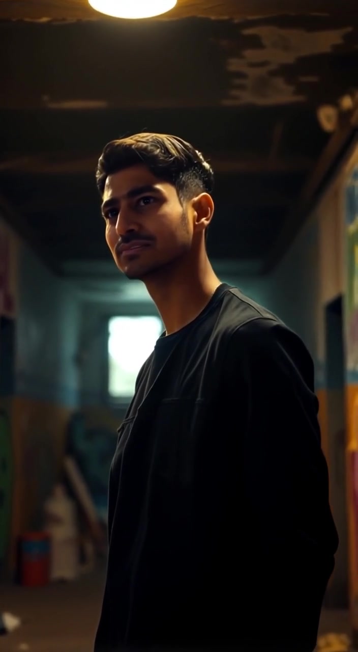 Arjun stands still in a dimly lit room, shadows flicker gently across the walls.