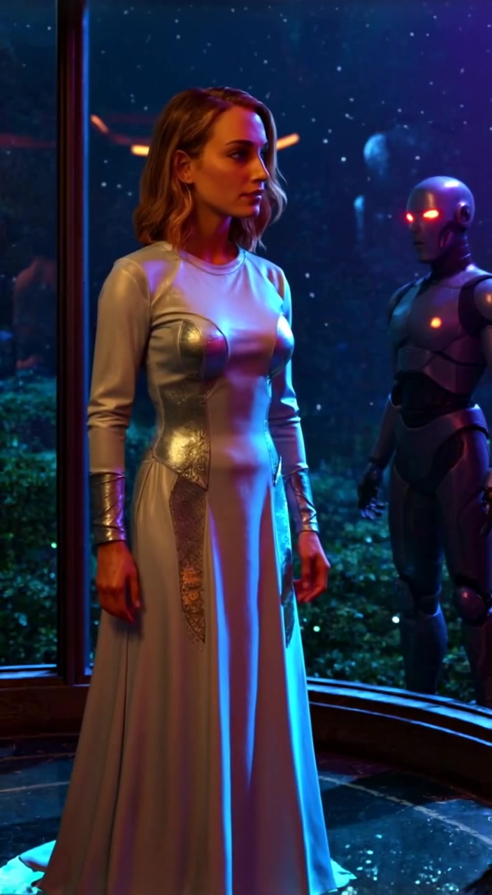 The woman gazes thoughtfully out the large window at a shimmering garden, sunlight gently illuminating her face.