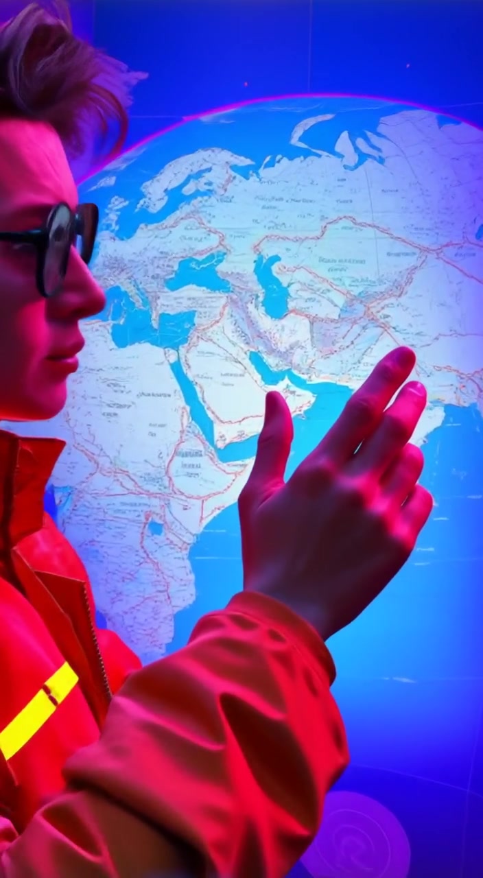 A person gazes thoughtfully at a globe, gently tracing their finger along unfamiliar countries while maps flutter nearby.
