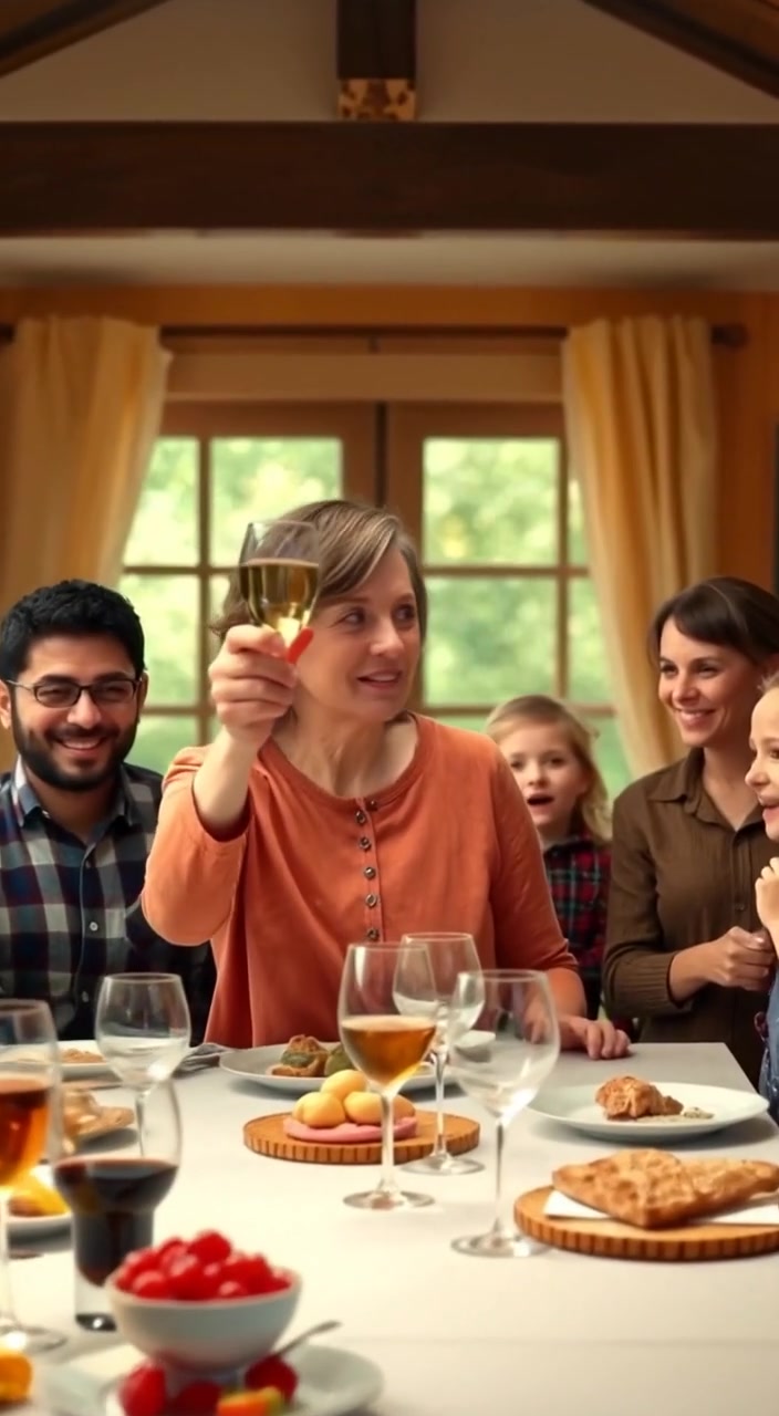 The woman raises her glass in gratitude while the family beams with joy around the table.