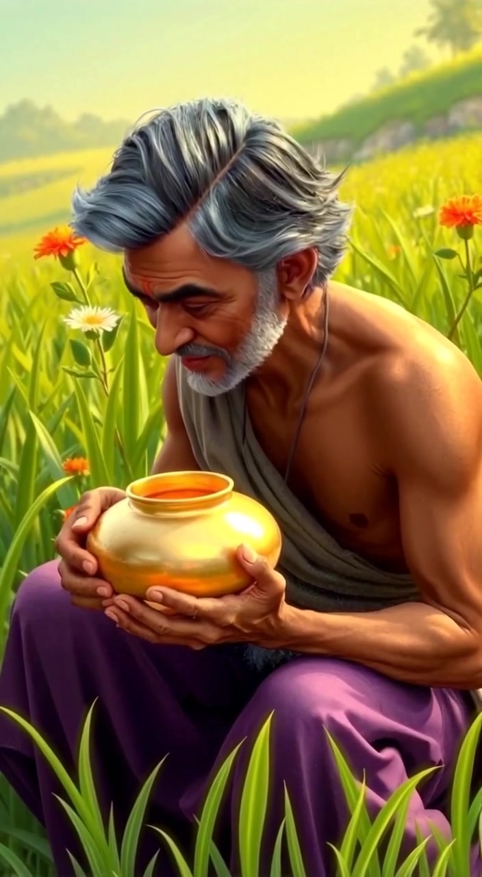 The man kneels gently in a lush green field, slowly raising the gold pot to his chest.