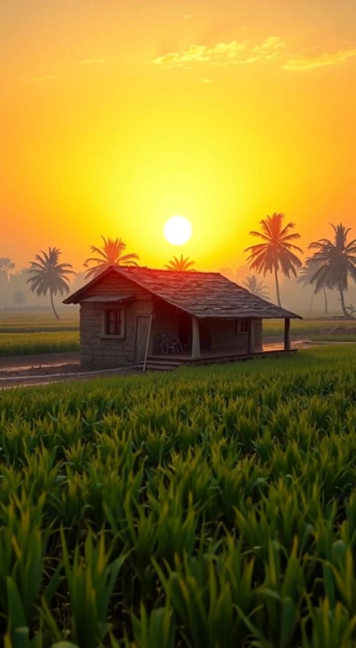 The sun gently sets behind the small village house, casting long shadows across the lush green fields.