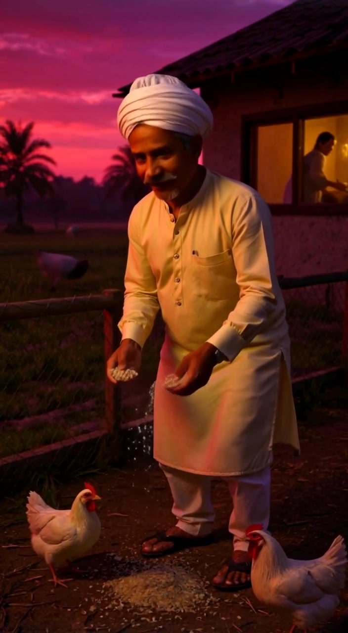 The man gently scatters feed while chickens cluck and peck around him in their cozy pen.