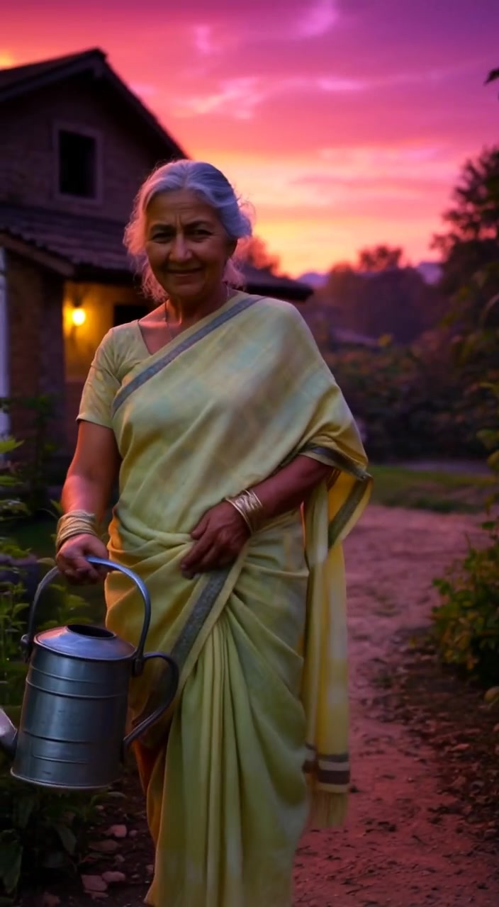 The woman gently waters the plants, her smile reflecting joy in the tranquil garden.