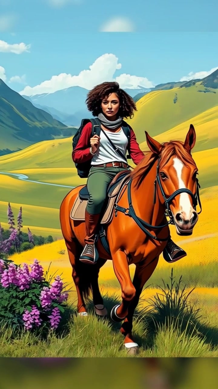Rani, in adventurous outdoor clothing, confidently rides her chestnut horse through a lush green valley. Pan around the dynamic duo as they navigate the picturesque landscape, capturing the excitement and freedom of their journey. Aerial view shot with soft morning light, creating a serene and uplifting atmosphere.
