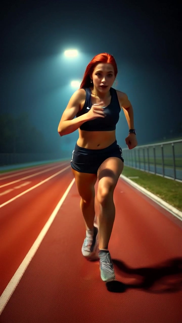 Subject: An athletic runner with determination in her expression. Subject movement: Jane sprints energetically down a vibrant track, her feet pounding rhythmically against the surface. Scene: An outdoor athletics track under clear blue skies, surrounded by colorful banners fluttering in the breeze. Lighting: Bright, midday sunlight casting sharp shadows and highlighting her focused demeanor. Motion: The camera tracks her movement closely from a low angle, capturing the intensity of her run while panning slightly to keep her in frame.