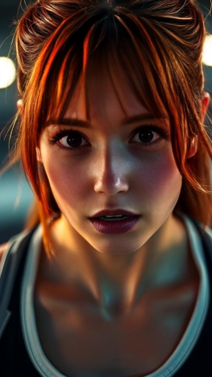 Subject: A determined athlete, sweat glistening on her brow. Subject movement: She takes a deep breath, eyes narrowed with focus, bracing for the upcoming race. Scene: Intense close-up of the athlete's face against a sunlit track, capturing the anticipation of competition. Style: Bright daylight highlighting her features, with a vivid blue sky in the background. Motion: Slow zoom-in on her face as the camera captures her expression, transitioning from focus to adrenaline as the race begins.