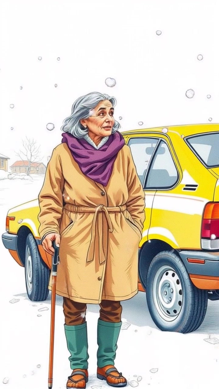 Scene: An elderly lady stands next to her broken-down car in a snowy landscape, surrounded by gently falling snowflakes. Style: Soft, diffused light creates a tranquil winter ambiance, illuminating the falling snow with a serene glow. Motion: The camera performs a slow, steady push-in towards the lady, capturing her contemplative expression as she scans the horizon for help, while the snowflakes drift gracefully down around her.