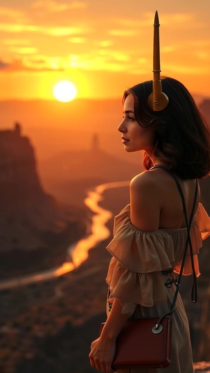 Subject: Ruth standing on a cliff at sunset, overlooking the valley, symbolizing hope. Subject movement: Ruth gazes intently at the horizon, gently swaying in the evening breeze. Scene: A picturesque cliff at sunset, rich hues of orange and purple painting the sky above a lush valley. Style: Warm, golden-hour lighting casting a soft glow on Ruth and the surrounding landscape. Motion: The camera begins with a close-up on Ruth’s contemplative expression, then slowly pushes out to reveal the expansive valley below, capturing the beauty of the moment.