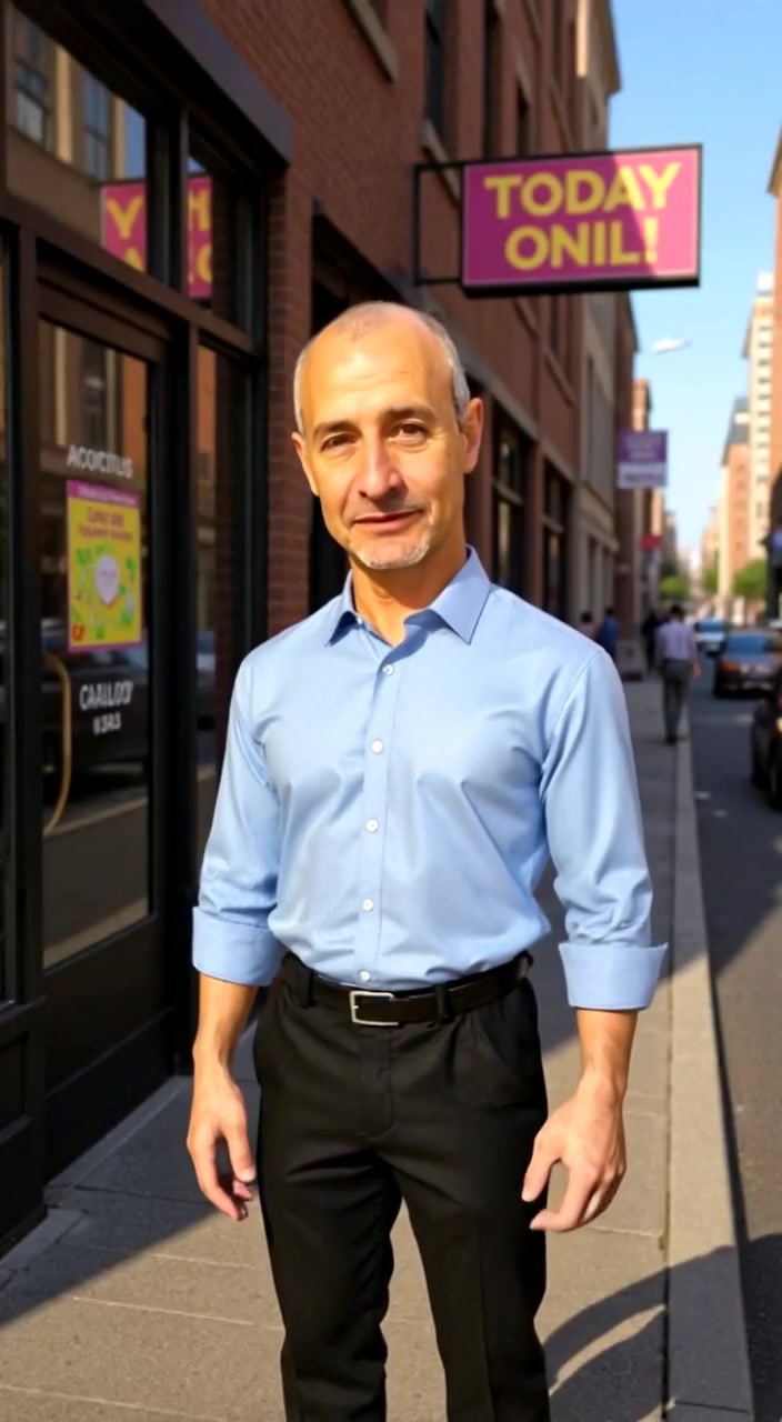 The man stands with a sign, gently swaying in the bustling street as cars pass by in the background.