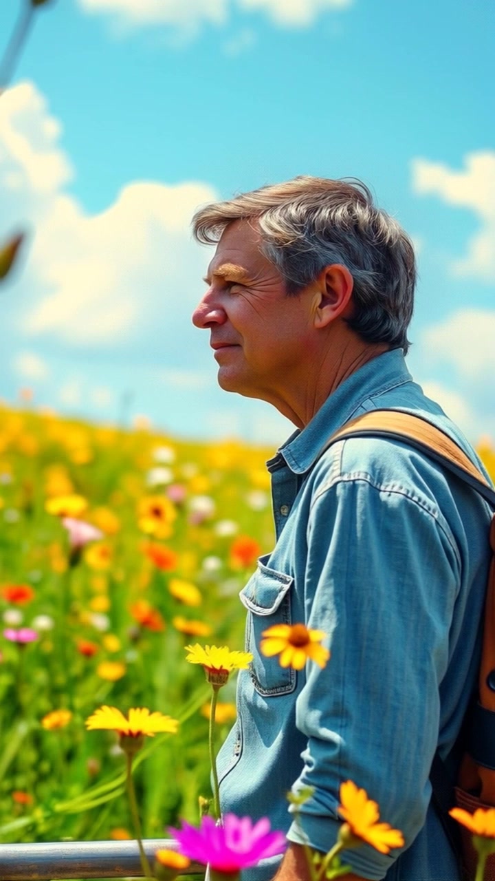 A bright meadow filled with wildflowers and a clear blue sky, with a single man in casual clothing admiring the scenery.