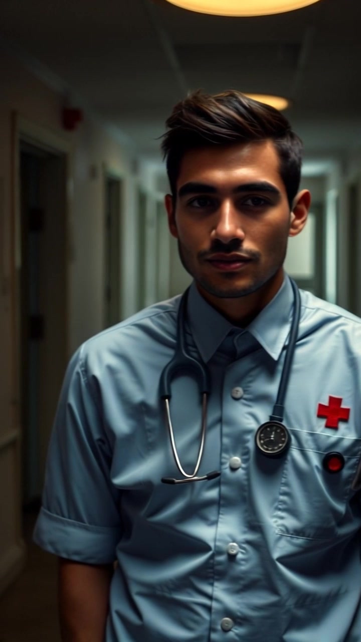 Subject: A medical professional in a hospital uniform. Subject movement: The individual stands still, gazing contemplatively around the dimly lit, old hospital room, filled with remnants of the past. Scene: The aged hospital room, with flickering lights casting long shadows across the walls, filled with medical equipment and draped curtains. Style: Soft, ambient light creating an eerie and nostalgic atmosphere. Motion: The camera slowly pans from the subject's face to the various elements in the room, capturing the somber mood of the setting.